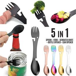 Camping Spoon Fork 5 in 1 Stainless Steel Spoon Fork Cutter Bottle, and Can Opener for Outdoors Home or Office