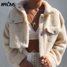Aproms Elegant Solid Color Cropped Teddy Jacket Women Front Pockets Thick Warm Coat Autumn Winter Soft Short Jackets Female 201026