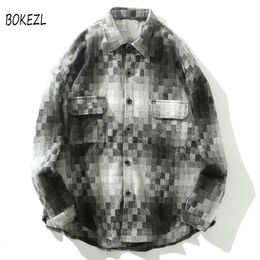 BOKEZL Plaid Shirts Men Mosaic Long Sleeve Men Hip Hop Streetwear Snap Button Shirt Autumn Cotton Loose Tops Harajuku Shirt C1212