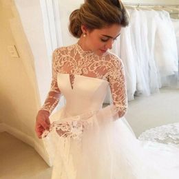 High Neck Long Sleeves Wedding Dresses 2021 Vintage Lace Satin Open Back Bride Dress with Sweep Train