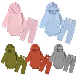 Kids Clothing Sets Boy Girls Ears Hooded Long Sleeve Romper Top + Pants 2Pcs/Sets Boutique Children Solid Outfits M3155