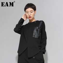 [EAM] Women Black Buckle Stitch Big Size Asymmetrical T-shirt New Round Neck Long Sleeve Fashion Tide Spring Autumn 1D679 201125