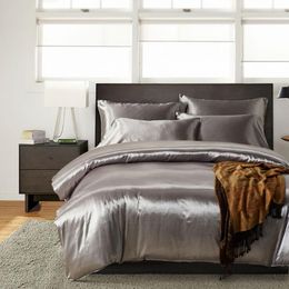100% Good Quality Satin Silk Bedding Sets Flat Solid Colour UK Size 3 pcs Gold Duvet Cover Flat Sheet Pillowcases296l