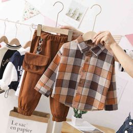 2022 New Autumn Spring Baby Boy Fashion Cartoon Clothing Kid Suits Plaid Shirt Pants 2pcs/Set Children Clothes 1 2 3 4 5 Years G220310