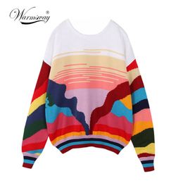 Women New Vintage Warm Sweaters Rainbow Striped Pullovers Winter Spring Knitted Retro Loose Knitted Tops Blusas C-078 201031