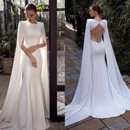 Setwell Jewel Neck Mermaid Wedding Dresses Sleeveless Sexy Backless Lace Appliques Floor Length Beach Bridal Gowns With Cape