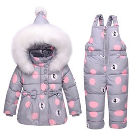 New Infant Baby Winter Coat Snowsuit Duck Down Toddler Girls Winter Outfits Snow Wear Jumpsuit Bowknot Polka Dot Hoodies Jacket LJ201125