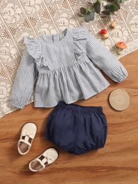 Baby Striped Ruffle Trim Top And Shorts Set SHE