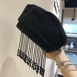 Korea Chic Bead Chain Beret Hat Female Street Retro Personality Spring and Autumn Fashion Corduroy Buddy Hat Newsboy