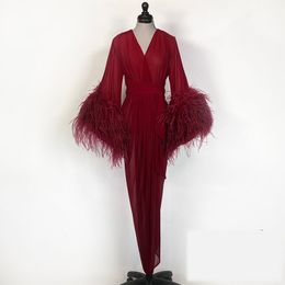 Luxury Ostrich Feather Night Gown Burgundy Bride Sleepwear Robes Tulle Custom Made Long Sleeves Dressing Gown Women Sexy Sleepwear Dresses