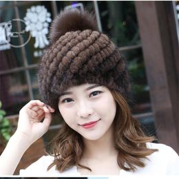 Real Hats with Genuine fur Pompoms Ladies Winter Knit Women Warm female Fluffy Caps