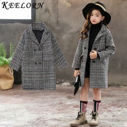 Keelorn Cabin Girls Coat Autumn Winter Korean Big Children's Woollen coat Pocket version Grey plaid houndstooth Outerwear Clothes LJ201125