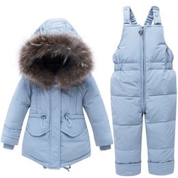 Children Winter Down Clothing Sets Real Fur Collar Kids Winter Down Jacket Baby Girls Warm Overalls Toddler Boys Down Coat LJ201017