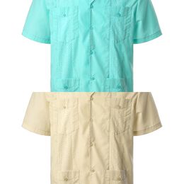Men's Traditional Cuban Camp Collar Guayabera Shirt Short Sleeve Embroidered Mexican Caribbean Style Beach Shirt with 4 Pocket C1210