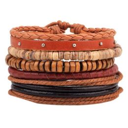 4pcs/ Set Braided Wrap Leather Bracelets For Men Vintage Punk Handmade Diy Charm Wood Beads Ethnic Tribal Wristban jlljSS