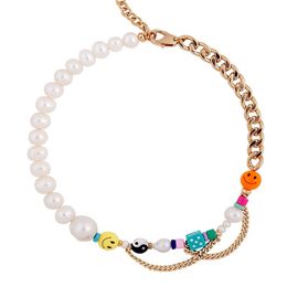 -Creative Yin Yang Charm Beads Barroco Freshwater Pearl Gossip Amarillo Naranja Smilely Blue Dice Necklace Cadena de acero inoxidable 220228