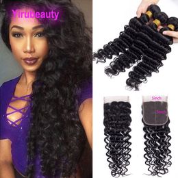 Indian Virgin Human Hair Three Bundles With 5x5 Lace Closure Deep Wave Free Three Middle Part 4 Piece/lot Deep Curly Natural Color