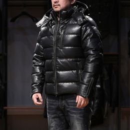 AVFLY men genuine leather down jackets with hoody splicing sheepskin leather warm winter coats