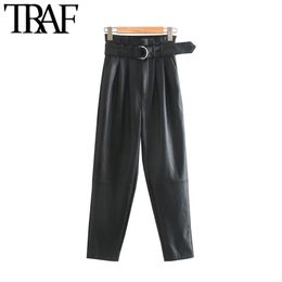 TRAF Women Vintage Stylish PU Faux Leather With Belt Pants Fashion High Waist Zipper Fly Female Ankle Trousers Pantalones Mujer 201109