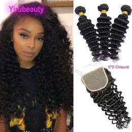 Peruvian Human Hair Virgin 5x5 Closure With 3 Bundles Deep Wave 18-30inch Curly Hair Products 4PCS 5X5 Closures Free Part