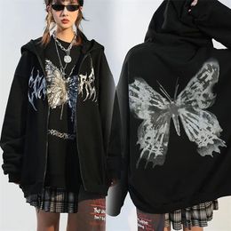 Clothing Women's Y2k Retro Dark Grey Butterfly Zipper Hooded Sweatshirt 90s Harajuku Punk Gothic Zip Up Hoodie Long-sleeved Loos 220314