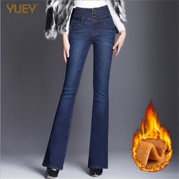 Women's Thicken Warm Flared Jeans For Winter Bell-bottom Trousers With Hot Lining Slim High Waist Stretch Denim Jeans Plus Size 201223