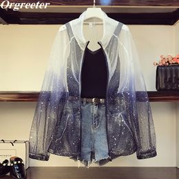 Separately sale 3 Piece Set Women Gradient Mesh star sequins Sunscreen Shirt + Solid Knit Vest +High waist Denim Shorts Suits LJ201120