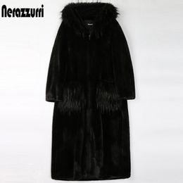Nerazzurri winter long black fluffy faux fur coat women with fox fur trim hood pockets zipper raglan sleeve Plus size fashion 201029