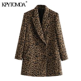 KPYTOMOA Women Fashion Leopard Print Loose Woollen Coat Vintage Long Sleeve Back Vents Female Outerwear Chic Overcoat 201218