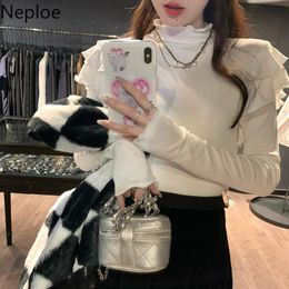 Women's T-Shirt Neploe Shirts For Women Chic Half High Collar Ruffles Sweet Tshirts Slim Fashion Tees Korean Elegant White Tops 2021 Ropa Mu