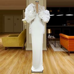 White Prom Dresses With Crystals Sequins Ruffle Appliqued Deep V Neck Full Sleeves Mermaid Evening Dress Dubai Arabic Formal Party Wear