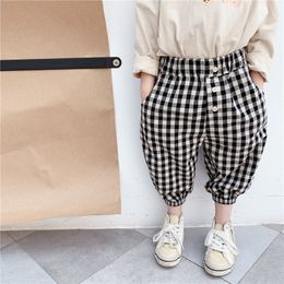 Spring Summer girls casual plaid thin trousers kids cotton 2 colors Anti-mosquito pants Ninth pants 201128