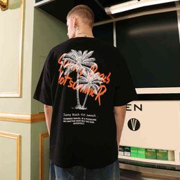 HMZ 2021 Couple Tee Oversized T Shirts Men Cotton Man Top New Tees Black White Summer Coconut tree Clothes Sweatshirts Plus Size G220223