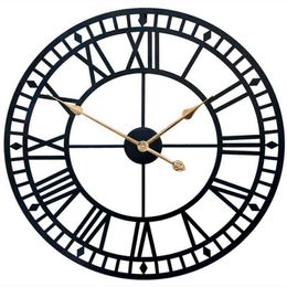 Wall Clock,Retro Skeleton Black Metal Clock Ancient Roman Numeral Style Silent Quartz Movement Wall Clock for Home Decor H1230