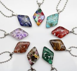 Stainless steel chain gravel stone rhombus Glass pendant pink quartz crystal agates turquoises malachite stone necklace