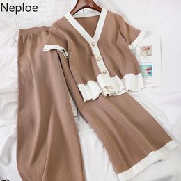 Neploe Knitted Two Piece Set Women Single Breasted V Neck Short Sleeve Top+Elastic Waist Wide Leg Pants Fashion Suits LJ201120