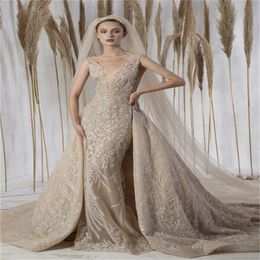 Luxury Design Mermaid Wedding Dresses Bling Sequins Beads Chapel Overskirts Bridal Gown Champagne Sexy Backless Vestidos De Novia