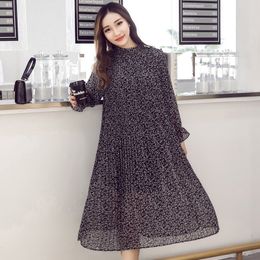 Women chiffon printed pleated dress autumn winter female elegant vintage long sleeve two layers casual loose dresses 201029