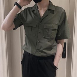 Men's Casual Shirts 2021 Summer Short Sleeve ArmyGreen Cardigan Lapel Shirt Streetwear Social Chemise Homme Tooling Style Big Pocket