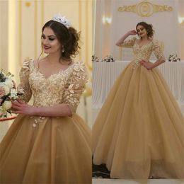 Champagne Puffy Wedding Dresses 3D Floral Appliqued Arab Dubai Bridal Gowns Boho Custom Made Sweep Train Marriage Dress Robe De Mariee