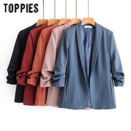 womens blazer vintage striped suit jacket candy color leisure blazer ladies cardigan coat clothing 2020 LJ201021