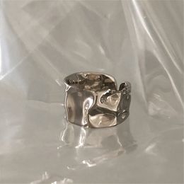 925 Sterling Silver Retro Dark Fold Bumpy Texture Wide Face Metal Ring Hip Hop Style Trend Boutique Fashion Jewellery