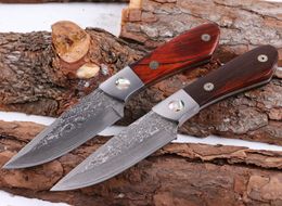 High Quality 7.7 Inch Damascus Fixed Blade Hunting Knife VG10 Damascuss Steel Blades Full Tang Rosewood Handle Straight Knives With Leather Sh