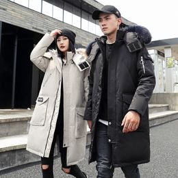 -30 Degree Couple Winter White Duck Down Jacket Long Keep Warm Thicken Coat Men Fashion Hooded Fur Collar Windbreaker Down Parka 201126