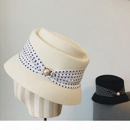 Hot Sale-New Fashion Women Cloche Bucket Winter Hat Elegant Black White Bow Ladies Fedora Hat Wool Felt Warm Dress Wool