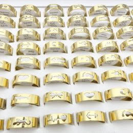Wholesale 100PCS Stainless Steel Band Rings For Men Laser Cut Mixed Patterns Fashion Jewellery Womens Ring Size 17-21mm Golden Plated