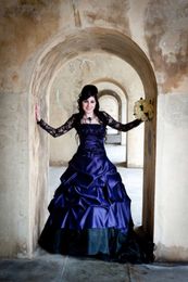 Vintage Purple And Black Gothic Wedding Dress Lace Long Sleeve Bridal Dresses Ruched Plus Size A Line Garden Wedding Gowns 2022 Vestidos De Novia