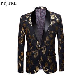 PYJTRL Stylish Gold Tulips Pattern Casual Blazer Men Suit Jacket British Gentleman Wedding Grooms Slim Fit Fashion Coat Outfit Y201026