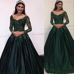 Arabic New Dark Green Satin Evening Dresses Wear Off Shoulder Long Sleeves Lace Appliques Crystal Beads Plus Size Prom Dress Party Gowns