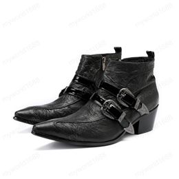Winter Solid Buckle Men Shoes Genuine Leather Boots Fashion Pointed Toe Boots Plus Size Zipper Ankle Boots